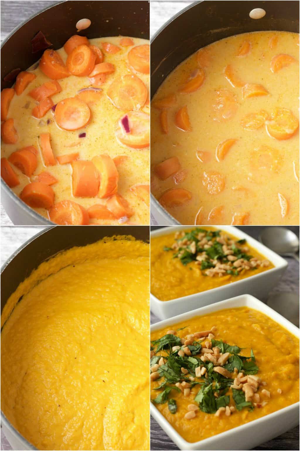 Step by step process photo collage of making vegan carrot soup