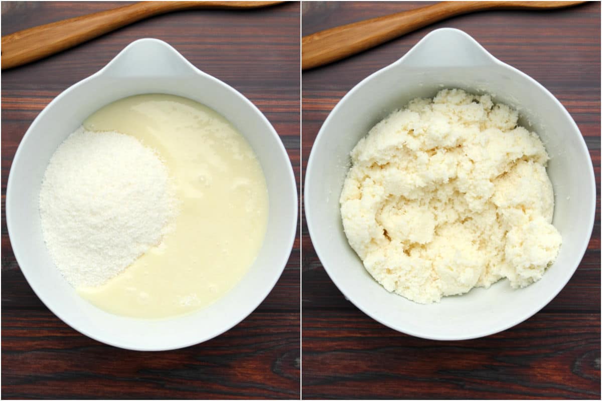 Two photo collage showing vegan condensed milk and dessicated coconut added to mixing bowl and mixed. 