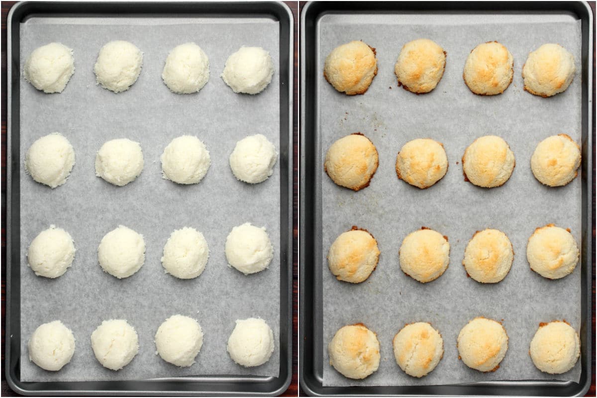Two photo collage showing coconut macaroons on a baking tray before and after baking.