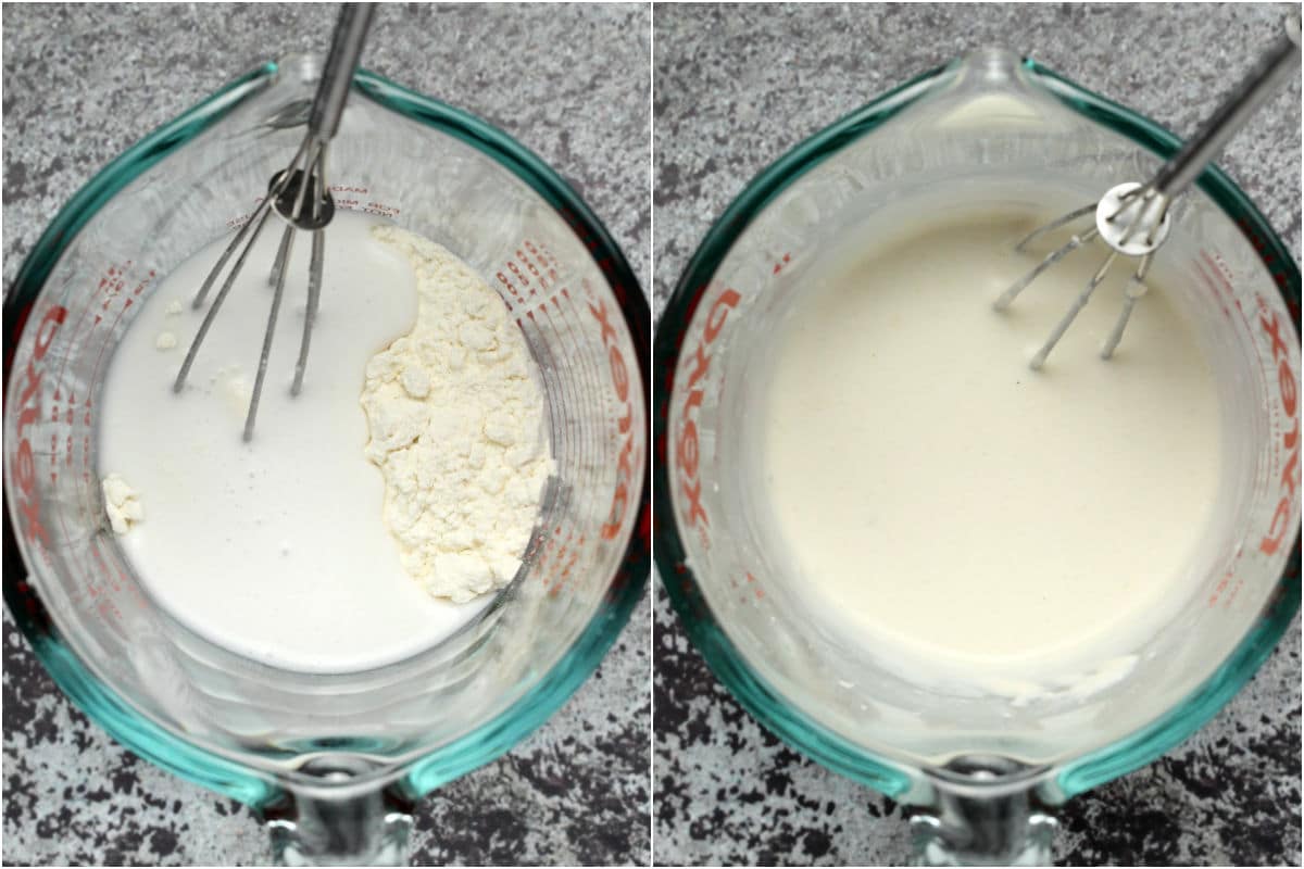 Two photo collage showing cornstarch and coconut milk added to measuring jug and whisked into a paste. 