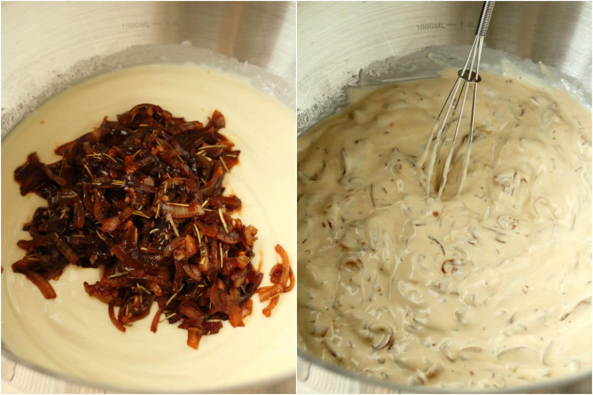 Fried onions added to mayonnaise, mustard and vinegar mix in a bowl and mixed together. 