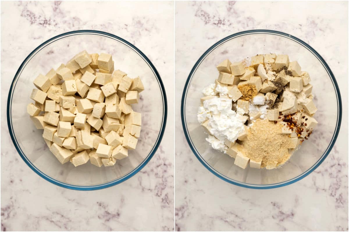 Tofu cubes added to a bowl with spices and cornstarch. 