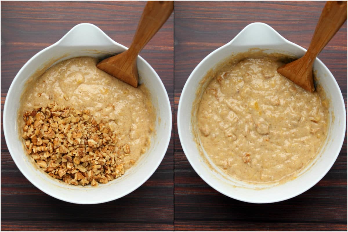 Two photo collage showing batter in a mixing bowl with chopped walnuts and then mixed in. 