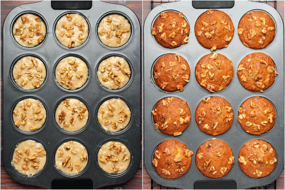 Two photo collage showing banana muffins in a muffin tray before and after baking.
