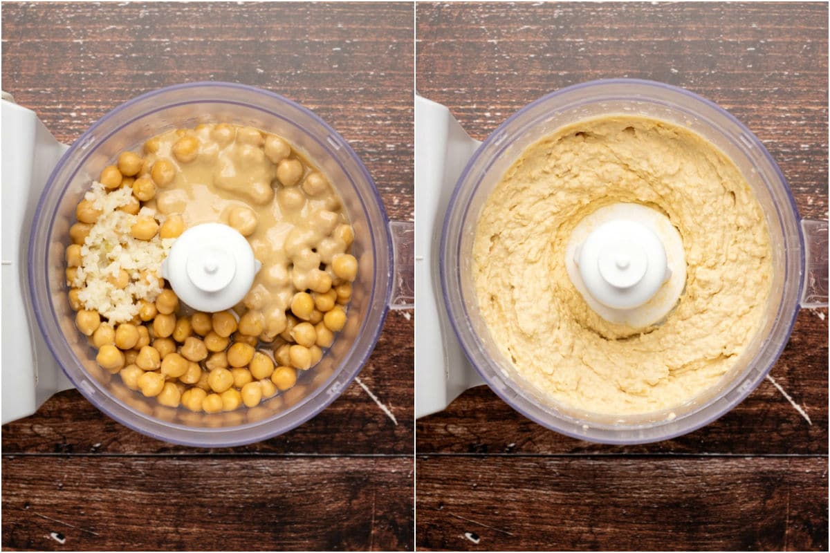 Ingredients for hummus added to food processor and processed until chunky.