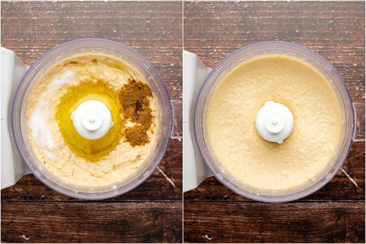 Spices and olive oil added to food processor and processed into a smooth hummus.