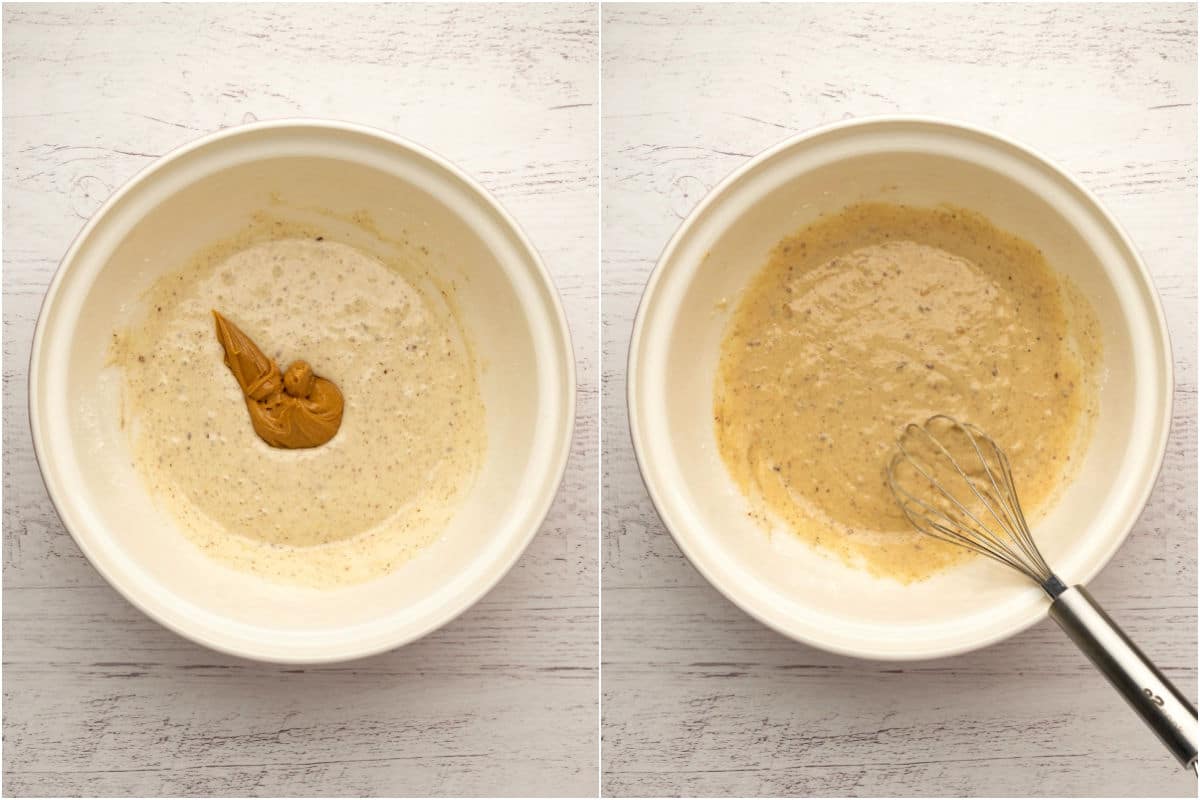 Peanut butter added to mixing bowl and mixed in.