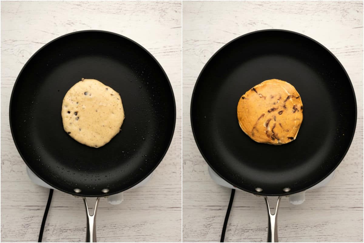 Pancake in a frying pan and then flipped.