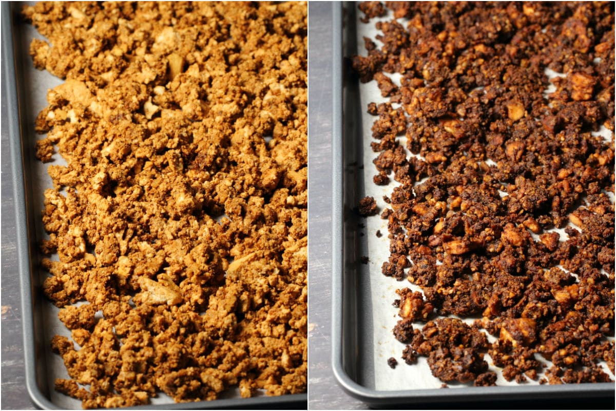 Vegan taco meat crumbles on a parchment lined baking sheet before and after baking.
