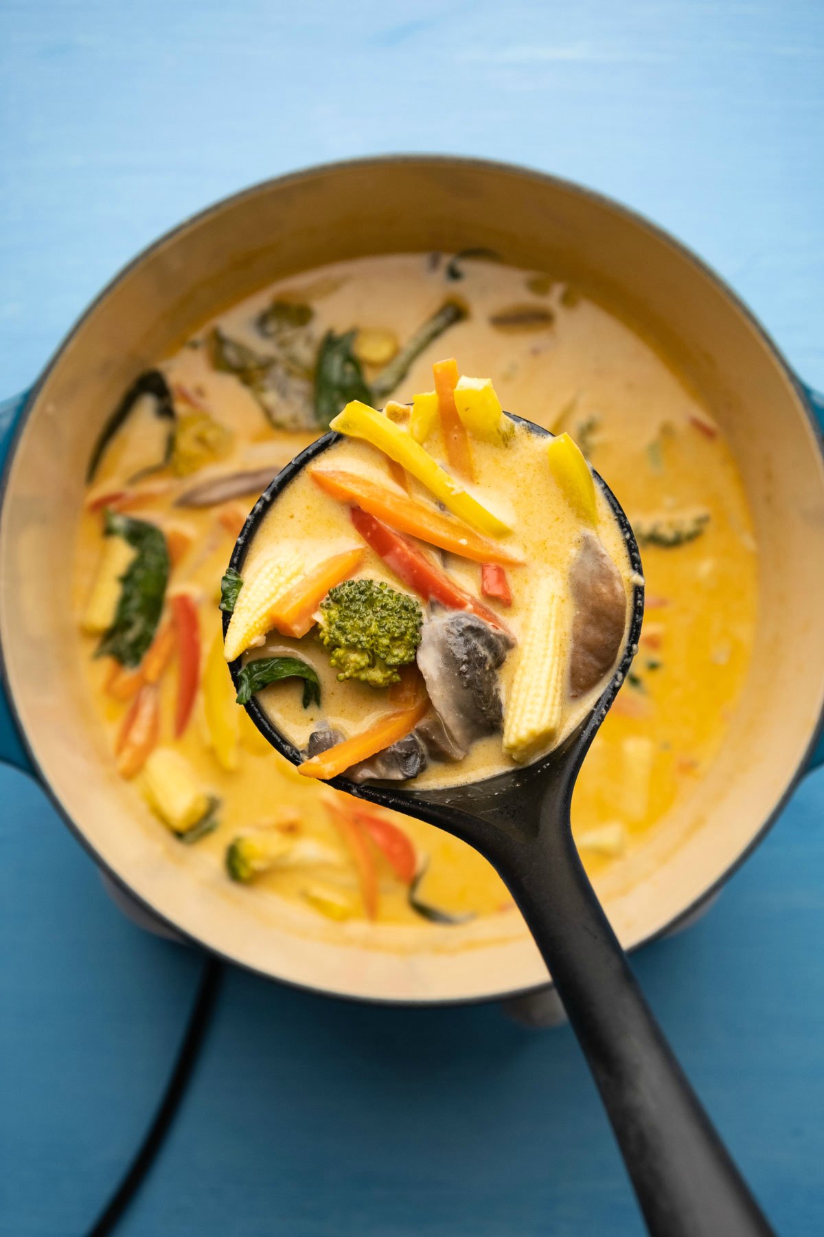 Thai red curry in a pot with a serving spoon. 