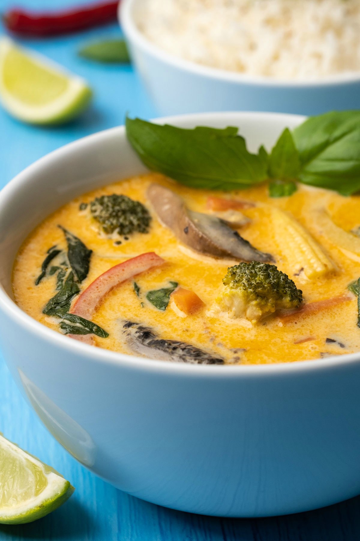 Vegan Thai red curry topped with fresh basil in a white bowl. 