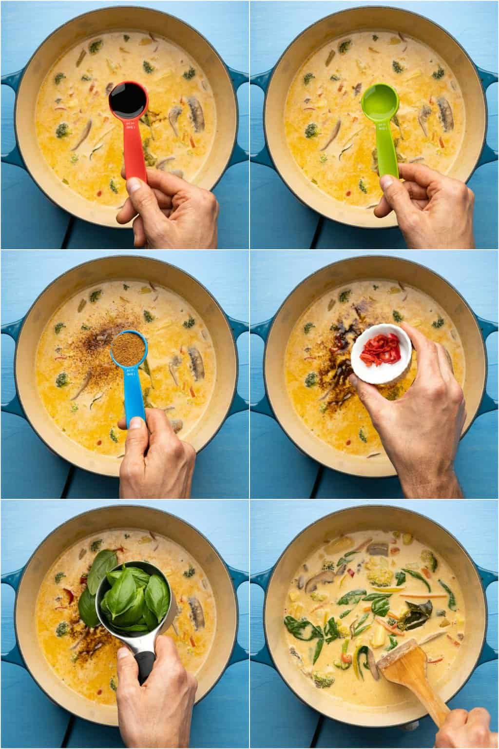 Step by step process photos of making a Thai red curry. 