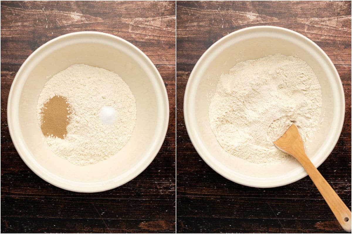 Collage of two photos showing dry ingredients added to mixing bowl and mixed. 