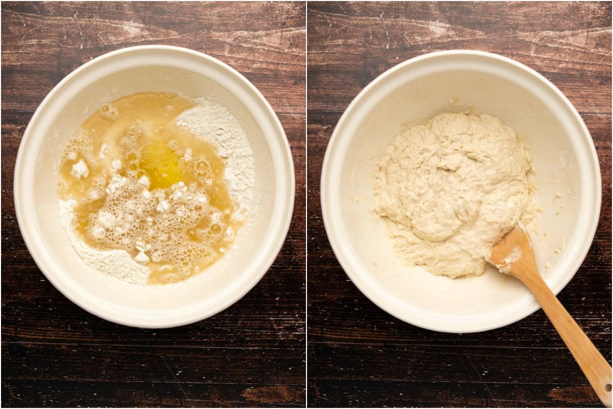 Two photo collage showing wet ingredients added to mixing bowl and mixed into a dough.