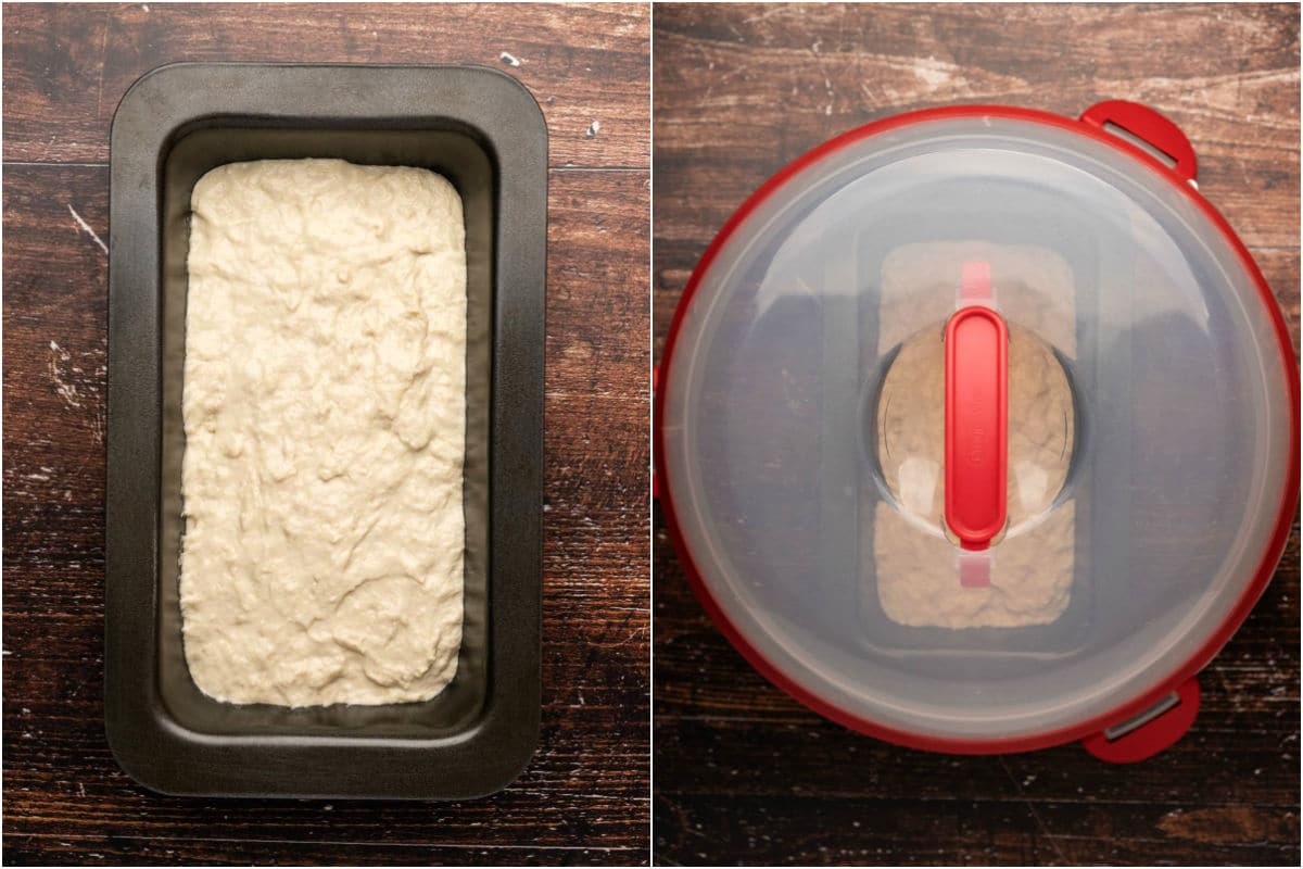 Two photo collage showing bread dough in a loaf pan and covered with a lid.