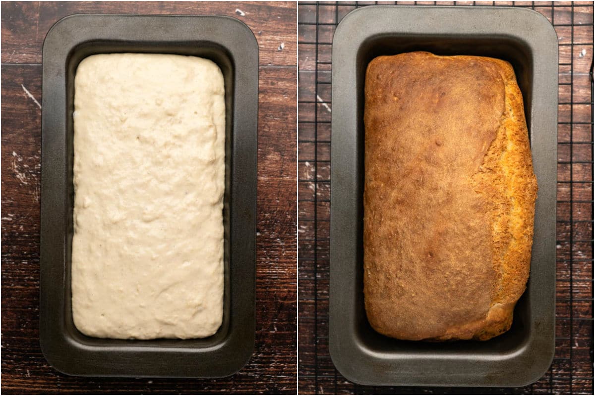 Two photo collage showing bread in a loaf pan before and after baking.