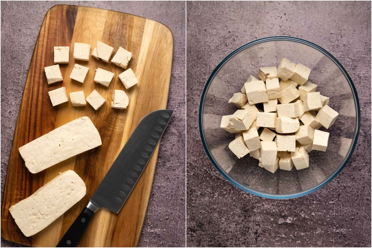 Tofu on a cutting board and then placed in a bowl. 