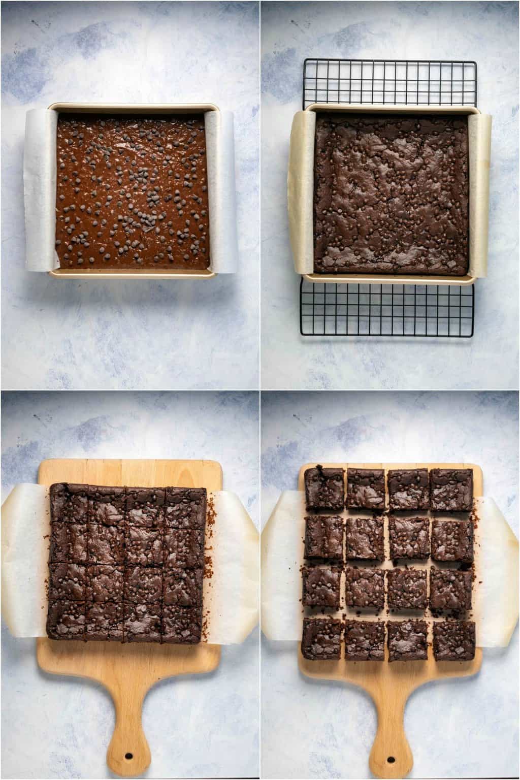 Step by step process photo collage of making black bean brownies. 