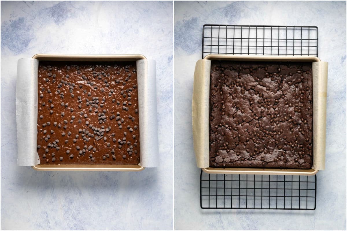 Brownie batter in a 9 inch square dish before and after baking.