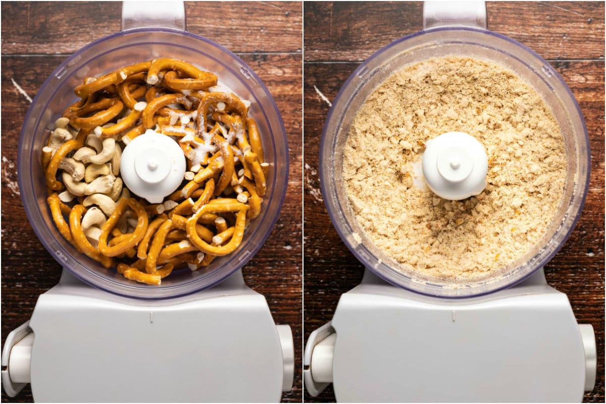Pretzels and cashews added to a food processor and processed. 