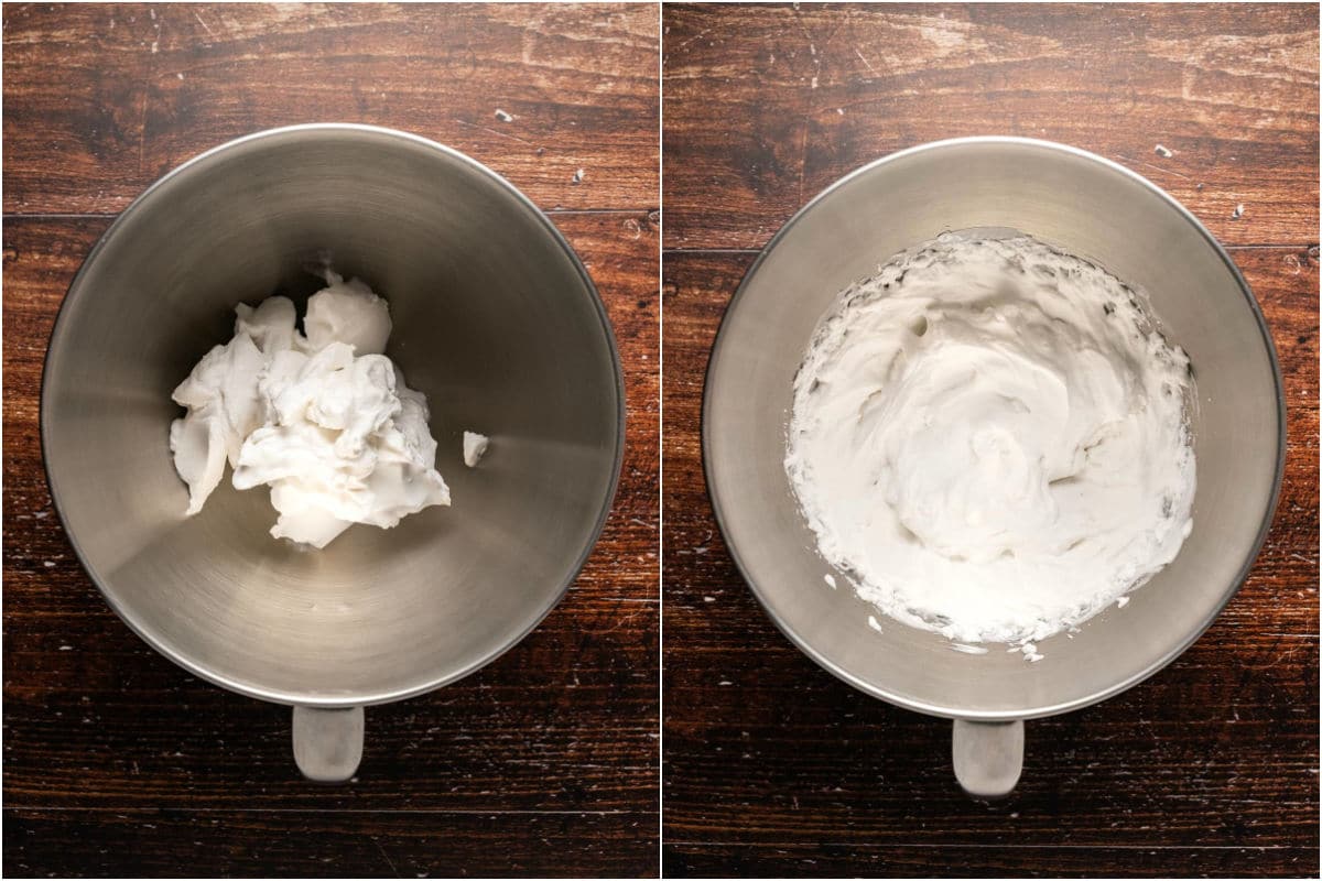 Hardened coconut cream scooped from a can into a stand mixer and whipped.