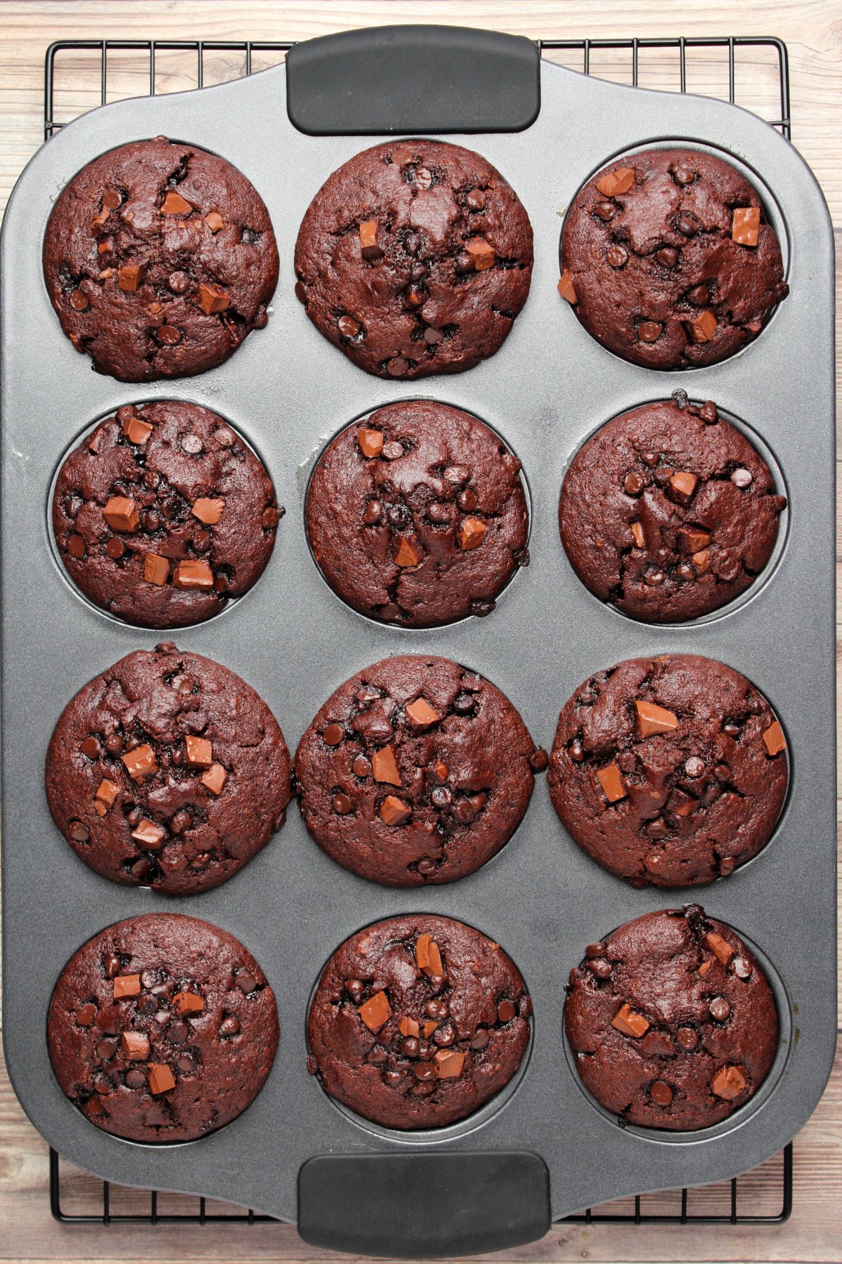 Baked chocolate muffins in a muffin tray.