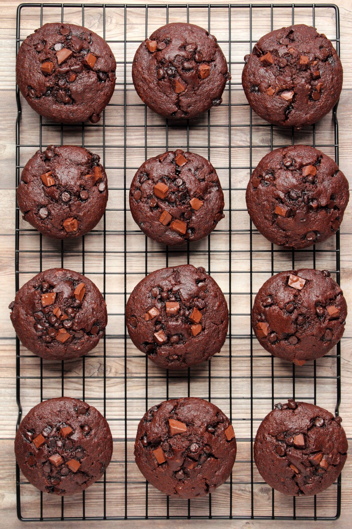 Vegan chocolate muffins on a wire cooling rack.