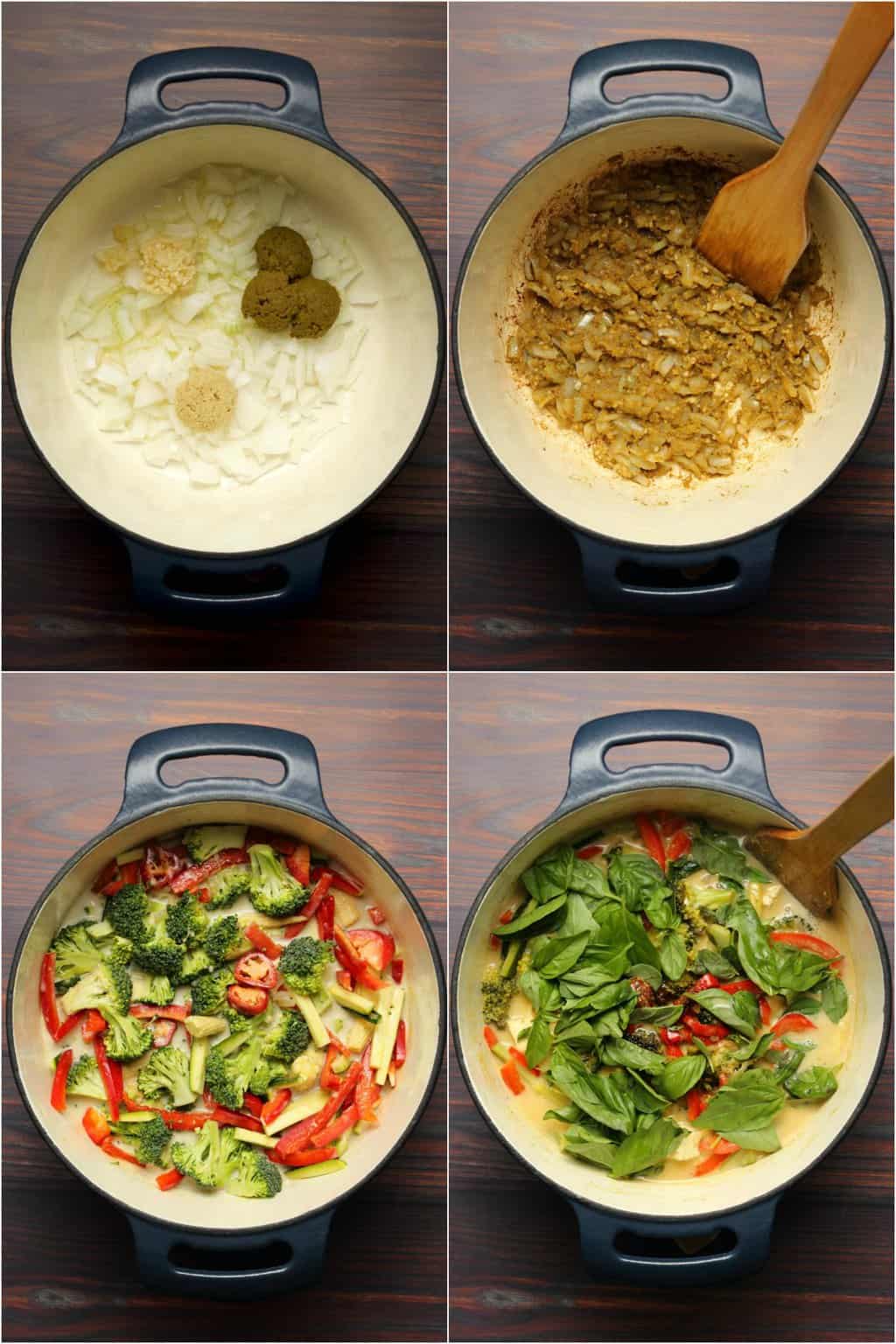 Step by step process photo collage of making a Thai green curry. 