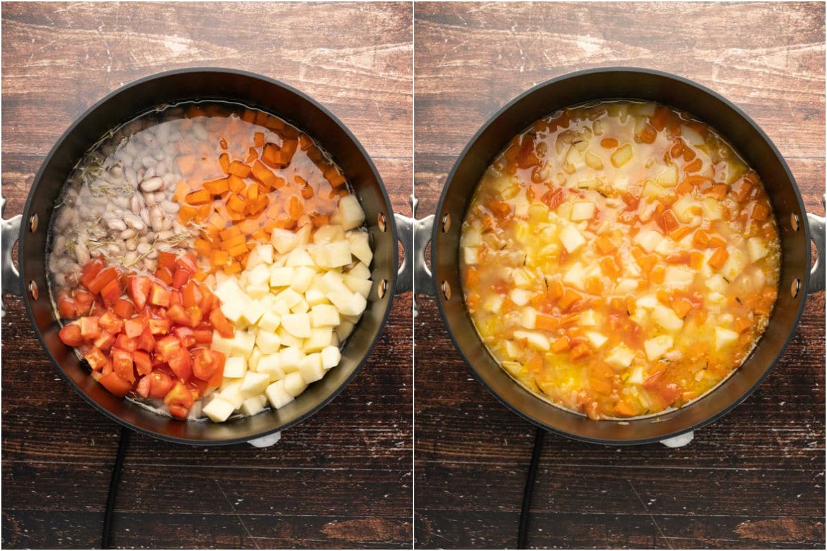Water, pinto beans, chopped potatoes, carrots and chopped tomato added to pot and simmered until cooked.