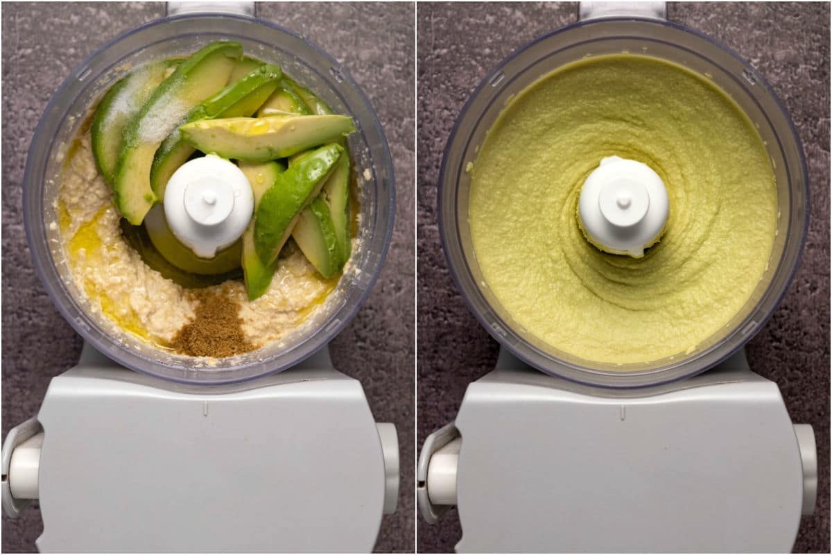 Avocado, salt, cumin and olive oil added to hummus in food processor and mixed in.