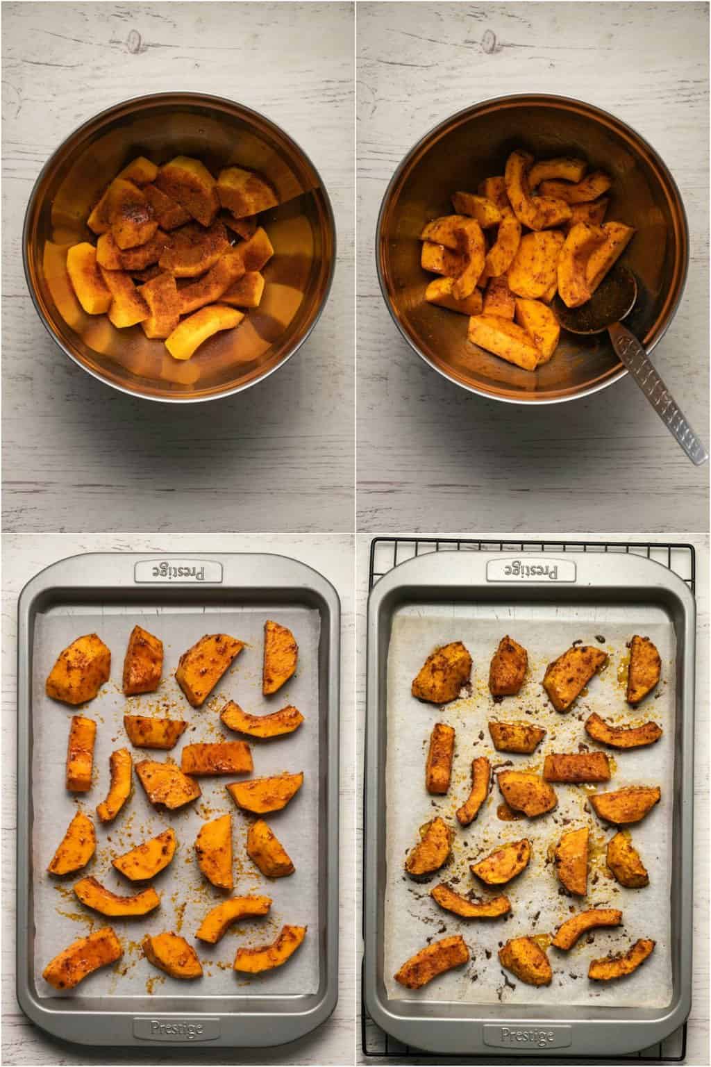 Step by step process photo collage of making roasted butternut squash. 