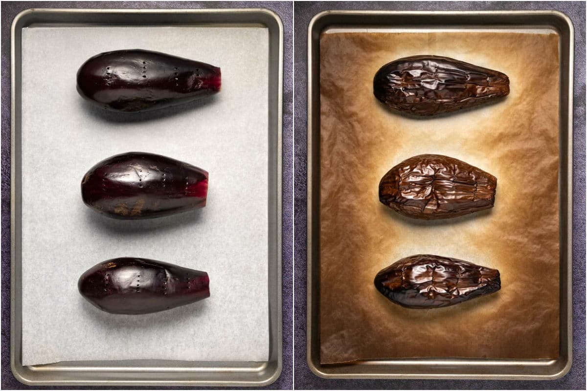 Collage of two photos showing whole eggplants on a parchment lined baking tray and then roasted. 
