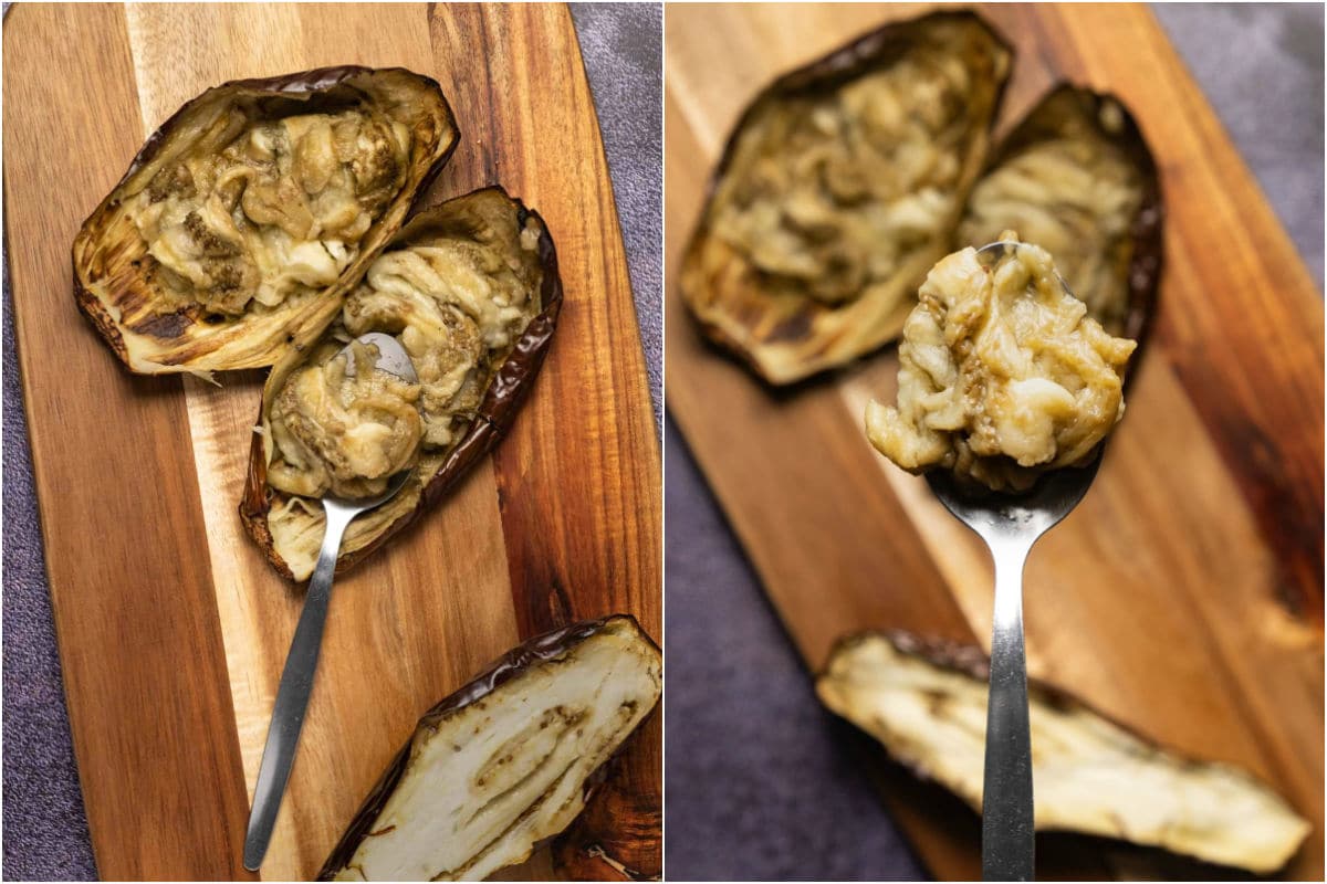 Two photo collage showing scooping the cooked eggplant flesh with a spoon.