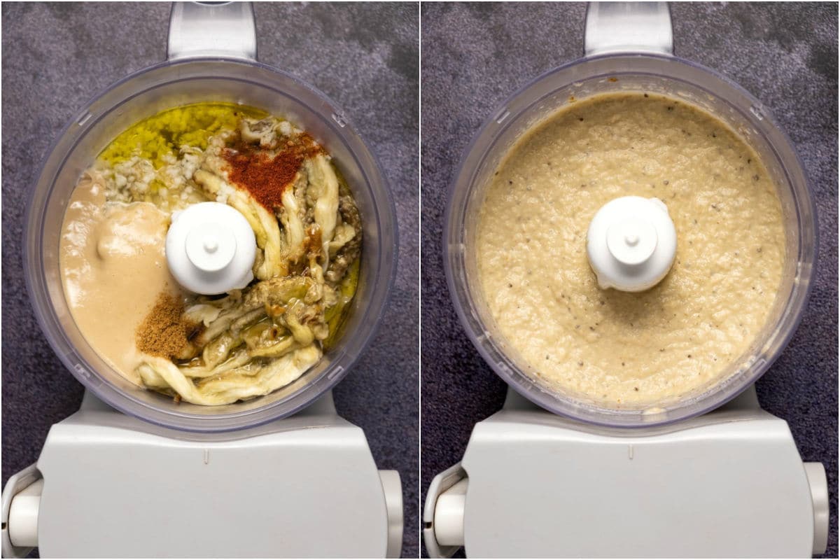 Two photo collage showing cooked eggplant, tahini and other ingredients in a food processor and then processed until smooth.