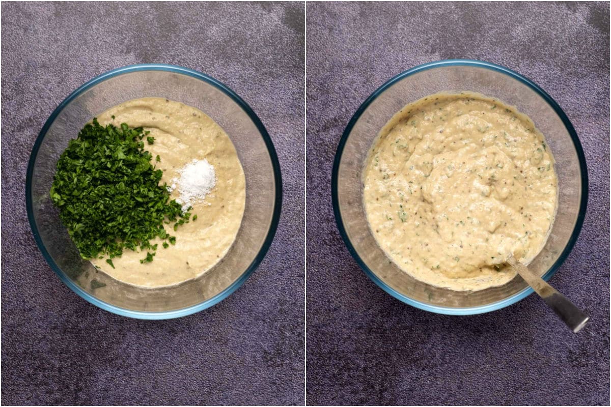 Two photo collage showing fresh parsley and salt added to eggplant dip in a bowl and mixed in.
