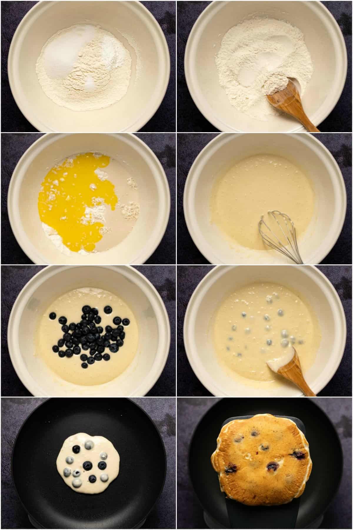 Step by step process photo collage of making vegan blueberry pancakes.