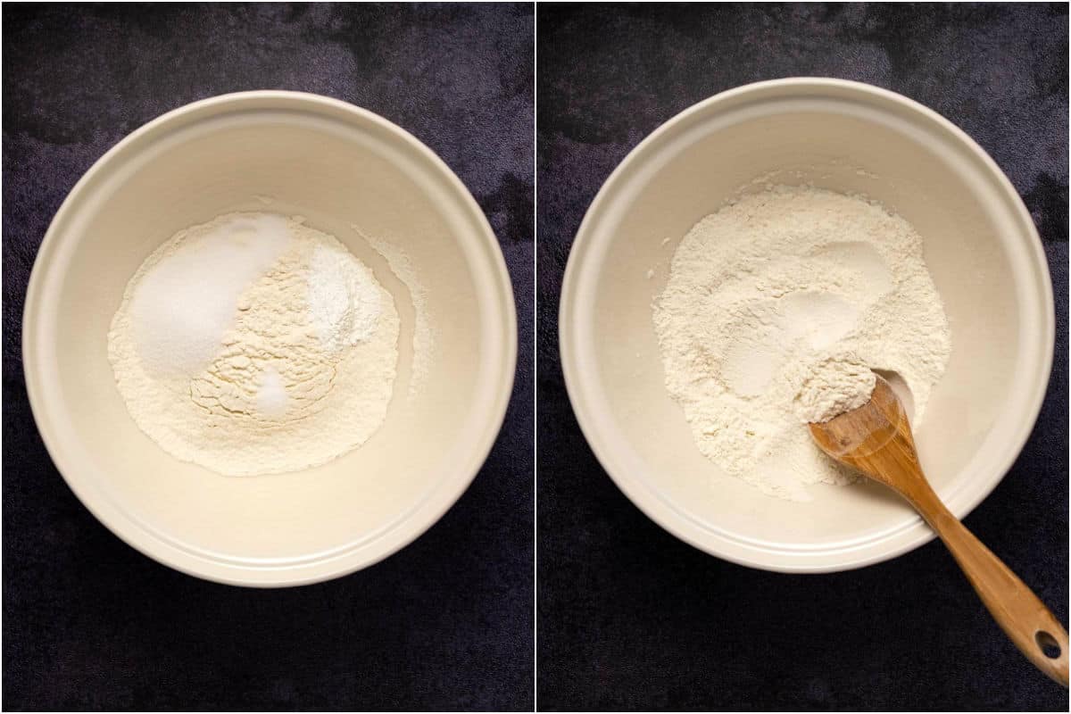 Two photo collage showing dry ingredients added to mixing bowl and mixed together. 