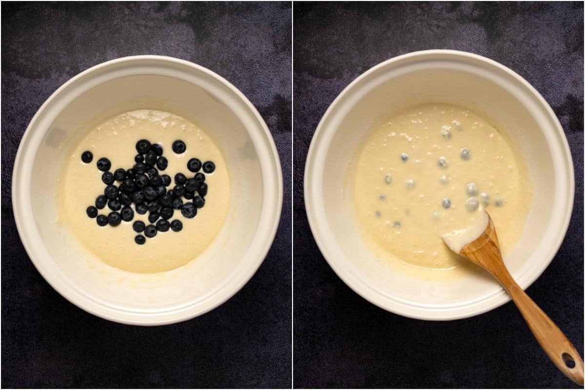 Two photo collage showing fresh blueberries added to batter and mixed in.
