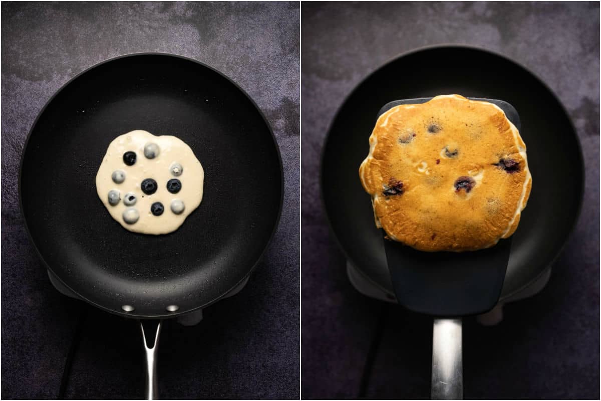 Two photo collage showing pancake batter added to frying pan and then flipped.