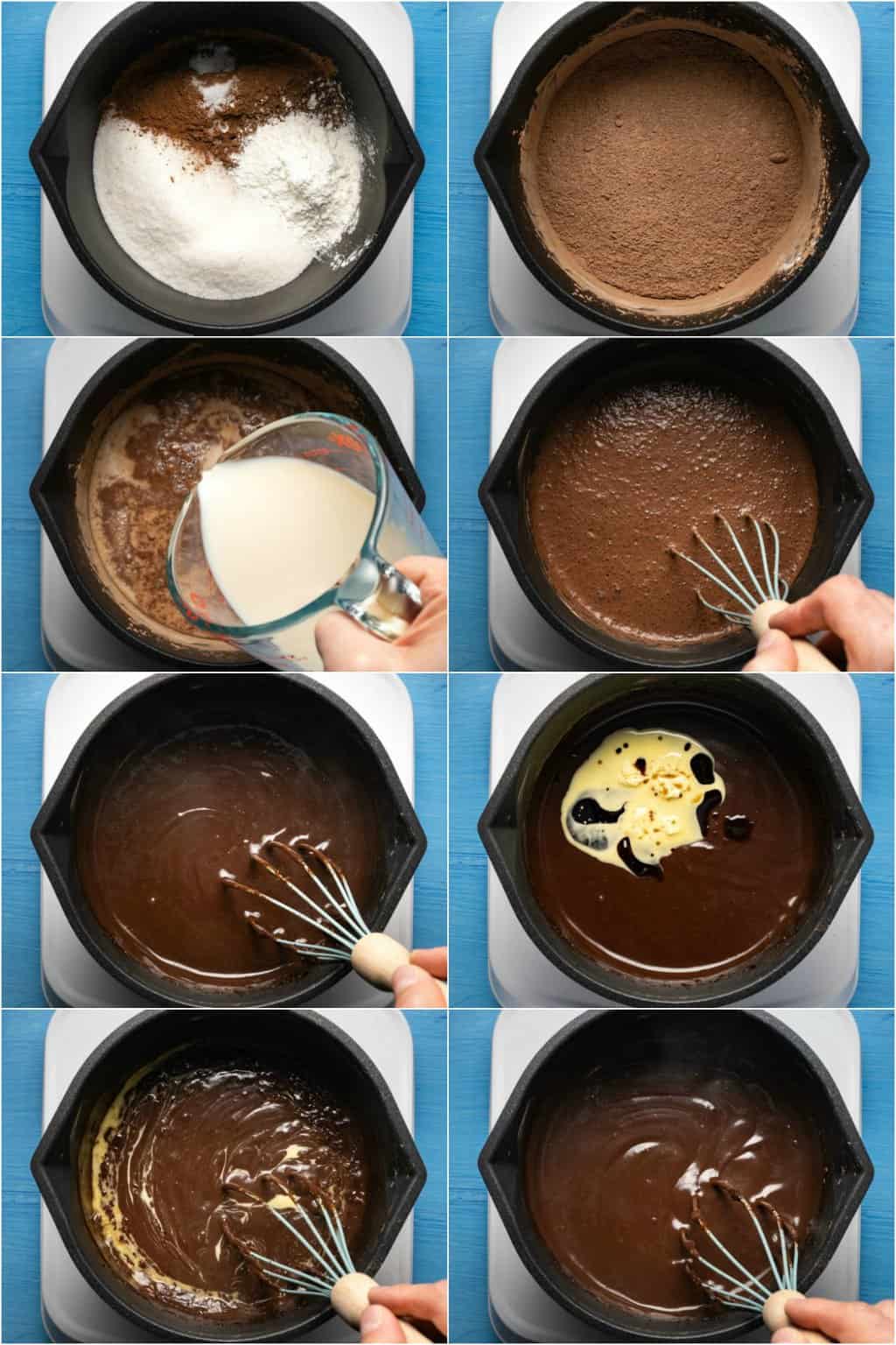 Step by step process photo collage of making chocolate pudding. 