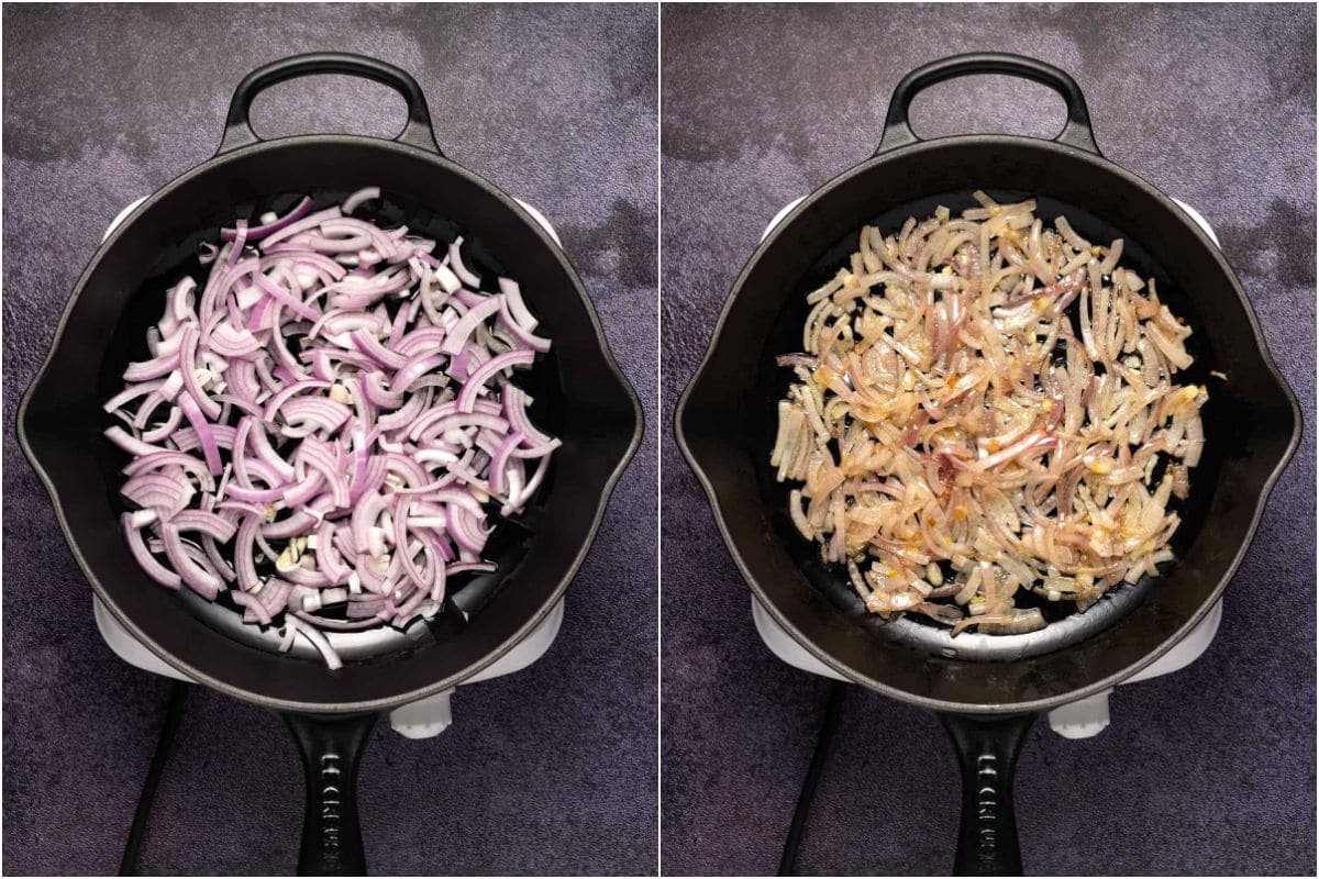 Sliced red onion and olive oil added to oven safe skillet and sautéed. 