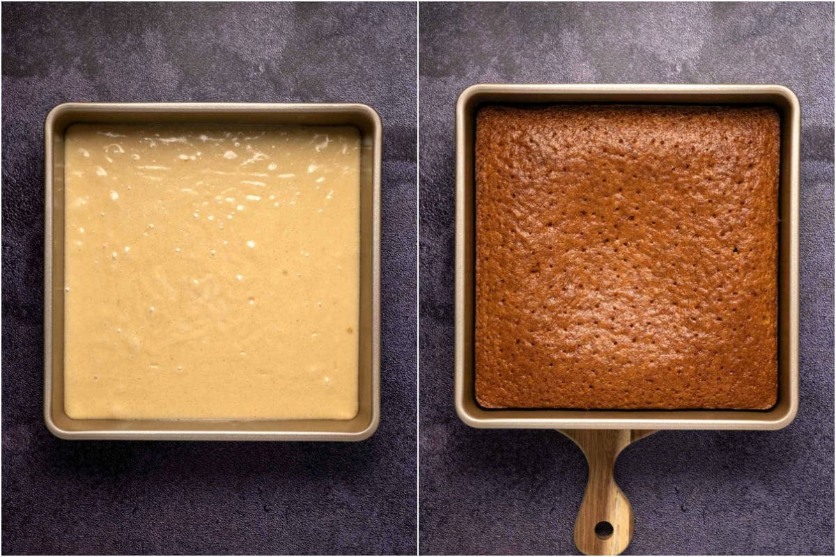 Batter in a 9x9 square baking dish before and after baking.