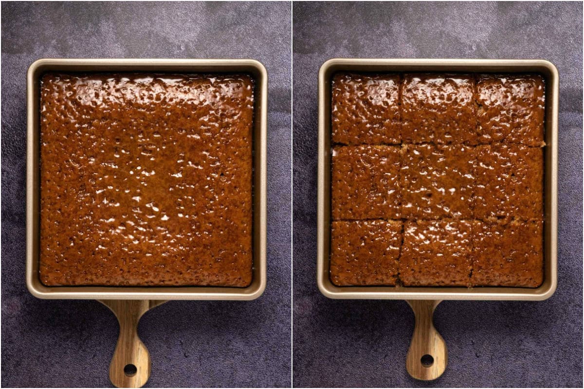 Malva pudding in a baking dish and then cut into squares.