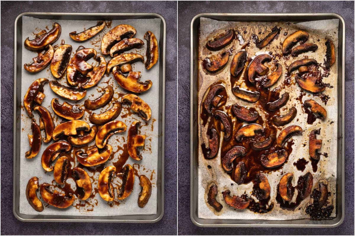 Marinated mushrooms on a parchment lined baking sheet before and after baking.