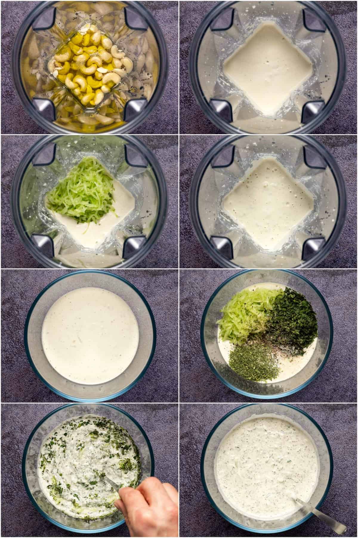 Step by step process photo collage of making vegan tzatziki. 