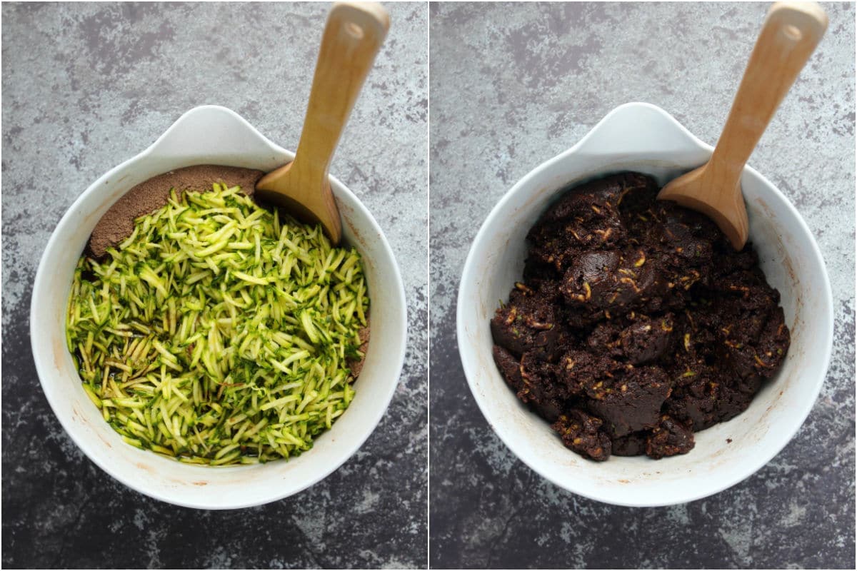 Two photo collage showing ingredients for zucchini brownies in a mixing bowl and then mixed. 