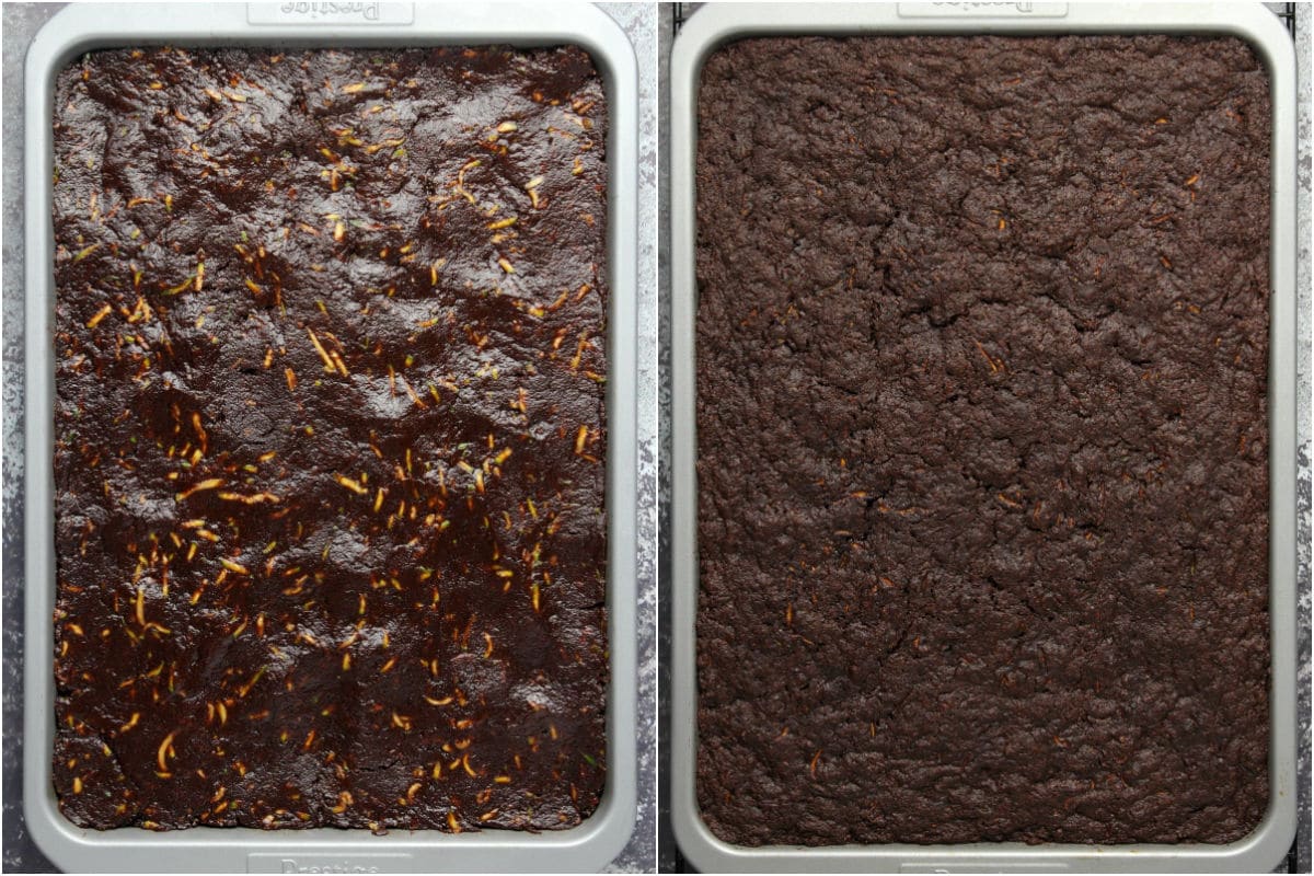 Two photo collage showing zucchini brownies in a baking dish before and after baking.