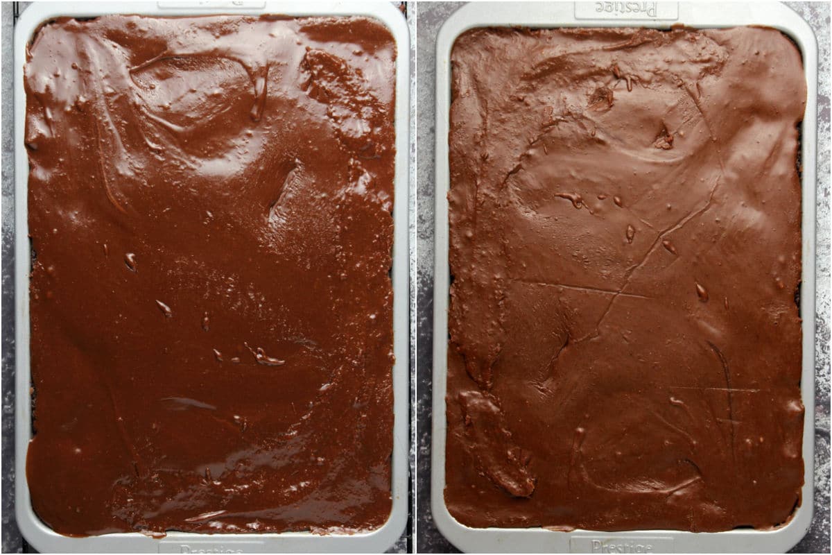 Two photo collage showing chocolate topping added to zucchini brownies and then set.