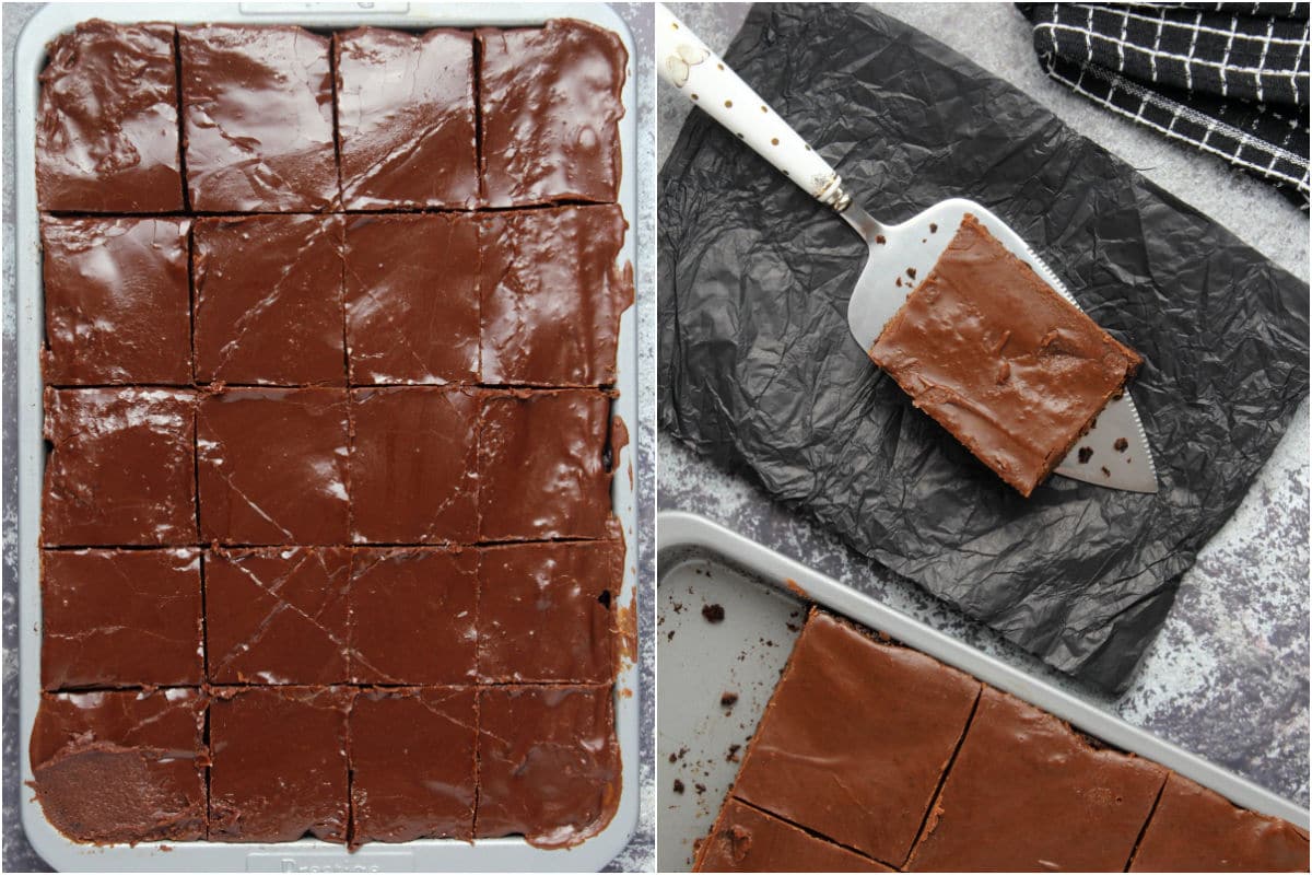 Two photo collage showing vegan zucchini brownies cut into squares and then served.