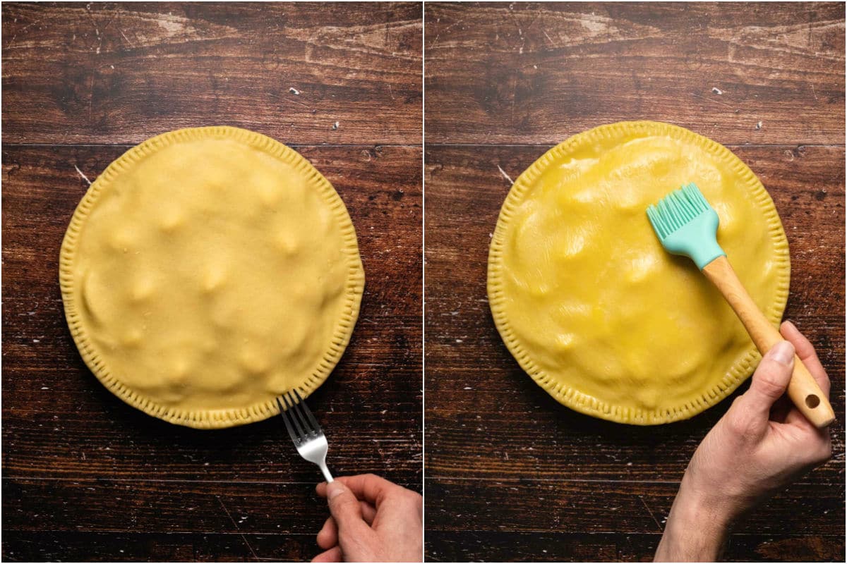 Two photo collage showing crimping of the sides of the pie crust and then brushing with vegan butter.